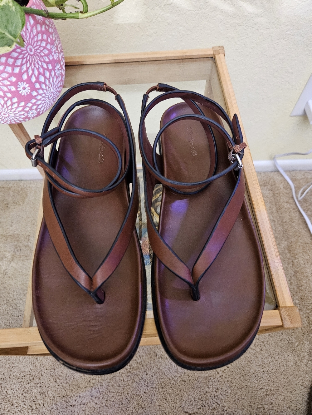 Madewell Eleni Ankle Wrap thong Leather Sandals Cherry Wood Size 8.
